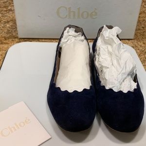 Chloé Scalloped Suede Ballerina Flat, Blue Lagoon